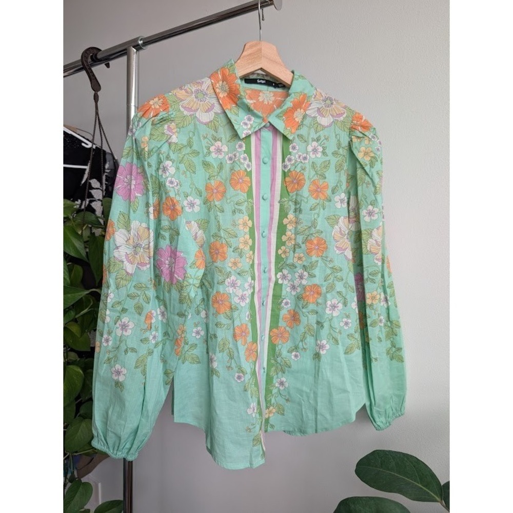 floral 70s style blouse pastel top 8 Sportsgirl 100% Cotton Shirt balloon sleeve